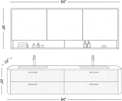84 in Double Bathroom Vanity with Sinks - Modern Floating Bathroom Vanity with Solid Wood Cabinet, Anti-Fog Mirror and Integrated Stone Sinks | Wall Mounted Design | Ample Storage