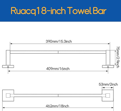 RUACQ Towel Bar 16 inch, Towel Racks for Bathroom Wall Mounted, SUS304 Stainless Steel Towel Holder, Hand Towel Holder Organizer, Brushed Nickel Single Bar, Total Length 18 inch