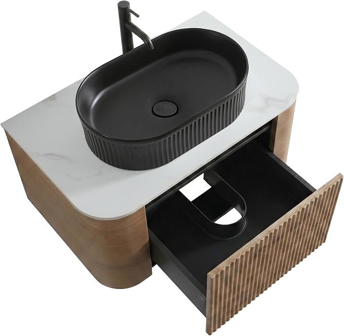 30" Preassembled Floating Bathroom Vanity with Black Sink, Oak | Mid-Century Modern Style, Fluted & Soft-Close Drawer with U-shaped Wall, Sinterted Stone Countertop, Towel Rack Included