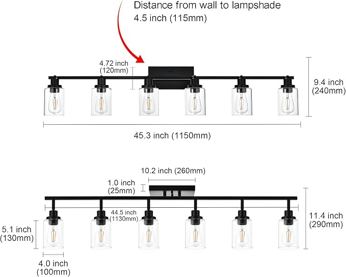 MELUCEE Ceiling Track Lighting Kits 6 Light Bathroom Light Fixtures Wall Mount with Flexibly Rotatable Light Head, Modern Black Spotlights with Clear Glass Shade