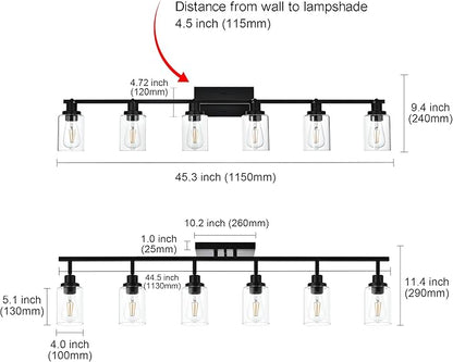 MELUCEE Ceiling Track Lighting Kits 6 Light Bathroom Light Fixtures Wall Mount with Flexibly Rotatable Light Head, Modern Black Spotlights with Clear Glass Shade