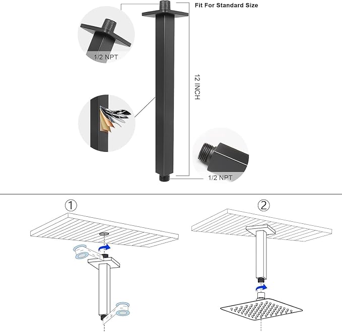 NearMoon Rain Shower Head With Shower Arm, Ceiling Mount Square Shower, Stainless Steel Ceiling Rainfall Showerhead- Waterfall Full Body Coverage (12 Inch, Matte Black)