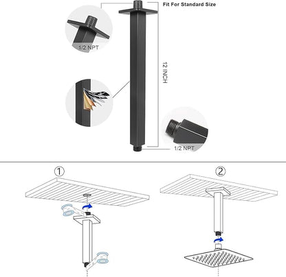 NearMoon Rain Shower Head With Shower Arm, Ceiling Mount Square Shower, Stainless Steel Ceiling Rainfall Showerhead- Waterfall Full Body Coverage (12 Inch, Matte Black)