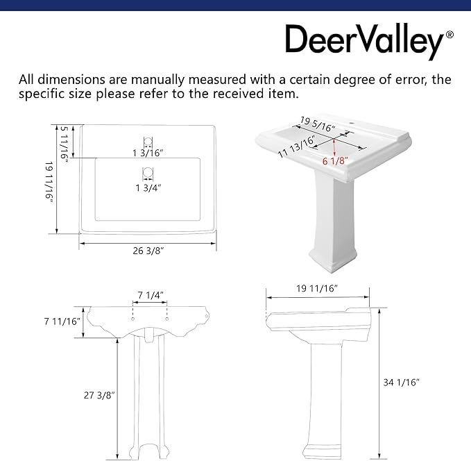 DeerValley Apex 26x20 Inch White Pedestal Sink, Ceramic Pedestal Bathroom Sink with Single Faucet Hole and Overflow, DV-1P52101