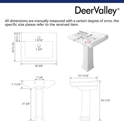 DeerValley Apex 26x20 Inch White Pedestal Sink, Ceramic Pedestal Bathroom Sink with Single Faucet Hole and Overflow, DV-1P52101