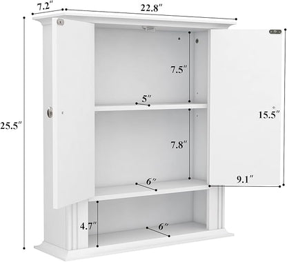 White Bathroom Wall Cabinet, Over the Toilet Storage Cabinet, Bathroom Cabinet Wall Mount, 2 Doors & Hooks, Medicine Cabinet Organizer, Hanging Wall Cabinet Cupboard for Kitchen Laundry Room White