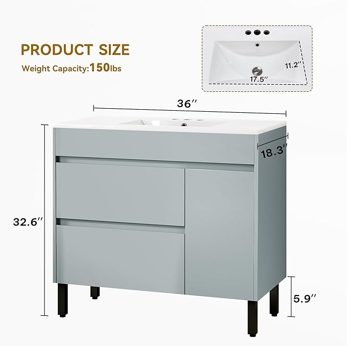 YITAHOME 36 Inch Bathroom Vanity with Sink, Bathroom Cabinet Vanity for Media Space, Freestanding Storage Bathroom Vanity with 1 Soft Closing Cabinet & 2 Drawers