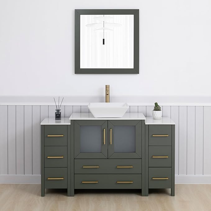 Vanity Art 54 Inch Vessel Single Sink Bathroom Vanity Cabinet with 1 Mirror, Engineered Marble Top Bathroom Cabinet Compact Set with 8 Dovetail Drawers and Soft Closing Doors, VA3130-54VG