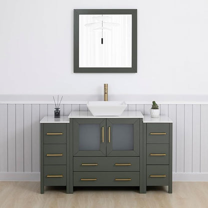 Vanity Art 54 Inch Vessel Single Sink Bathroom Vanity Cabinet with 1 Mirror, Engineered Marble Top Bathroom Cabinet Compact Set with 8 Dovetail Drawers and Soft Closing Doors, VA3130-54VG