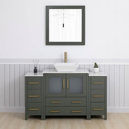 Vanity Art 54 Inch Vessel Single Sink Bathroom Vanity Cabinet with 1 Mirror, Engineered Marble Top Bathroom Cabinet Compact Set with 8 Dovetail Drawers and Soft Closing Doors, VA3130-54VG