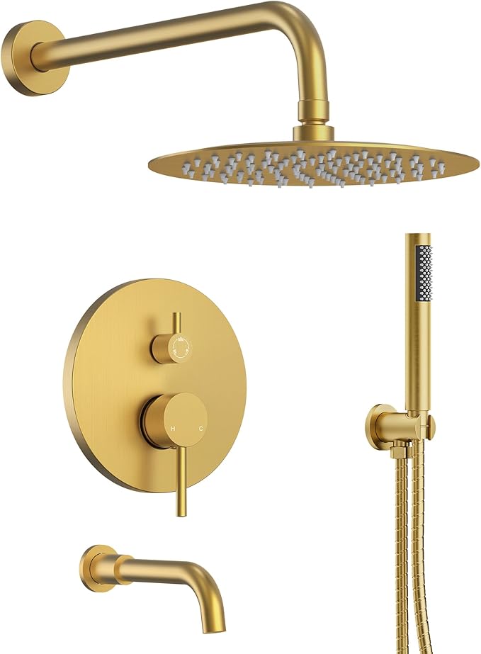 10" High-Pressure Rainfall Shower System with Handheld Spray, Wall Mount Bathroom Shower Faucet Set with Tub Spout, Brushed Gold (Valve Included)