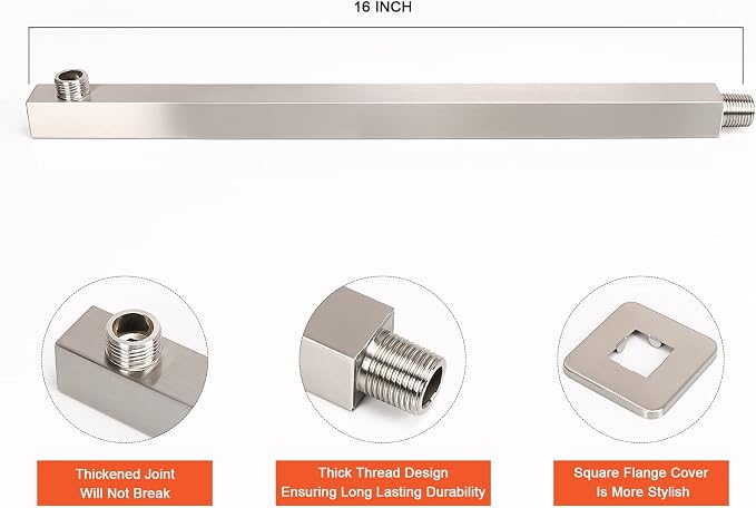 Shower Head with Extension Arm, High Pressure Square with ShowerArm, Stainless Steel Rainfall-Waterfall Full Body Coverage (10'' Shower with 16'' Arm, Brushed Nickel)
