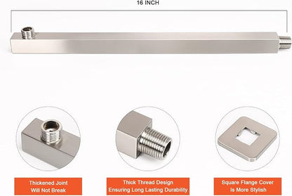 Shower Head with Extension Arm, High Pressure Square with ShowerArm, Stainless Steel Rainfall-Waterfall Full Body Coverage (10'' Shower with 16'' Arm, Brushed Nickel)