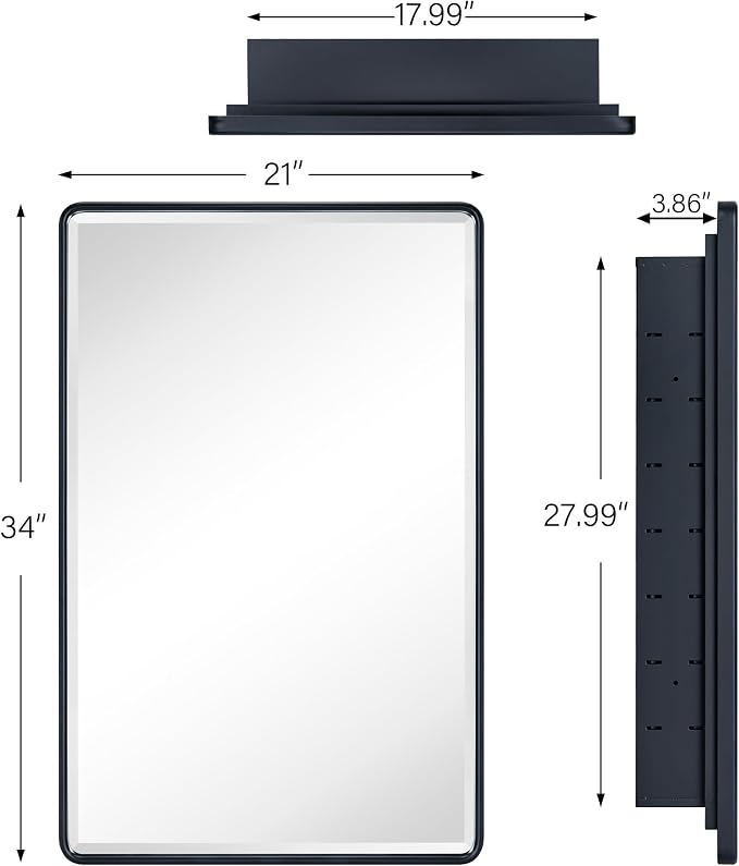 TEHOME Farmhouse Matt Black Recessed Bathroom Medicine Cabinet with Mirror Rounded Rectangle Metal Framed Medicine Cabinet with Beveled Mirror 21x34''