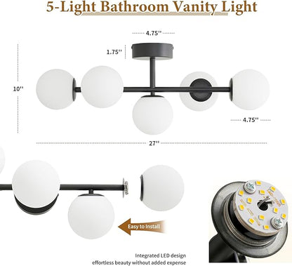 Black LED Bathroom Vanity Light: 5 Lights Mid Century Modern Milk White Glass Globe Vanity Light Fixture over Mirror - Unique Dimmable Hardwired Matte Black Bath Room Makeup Globe Wall Sconce Lighting
