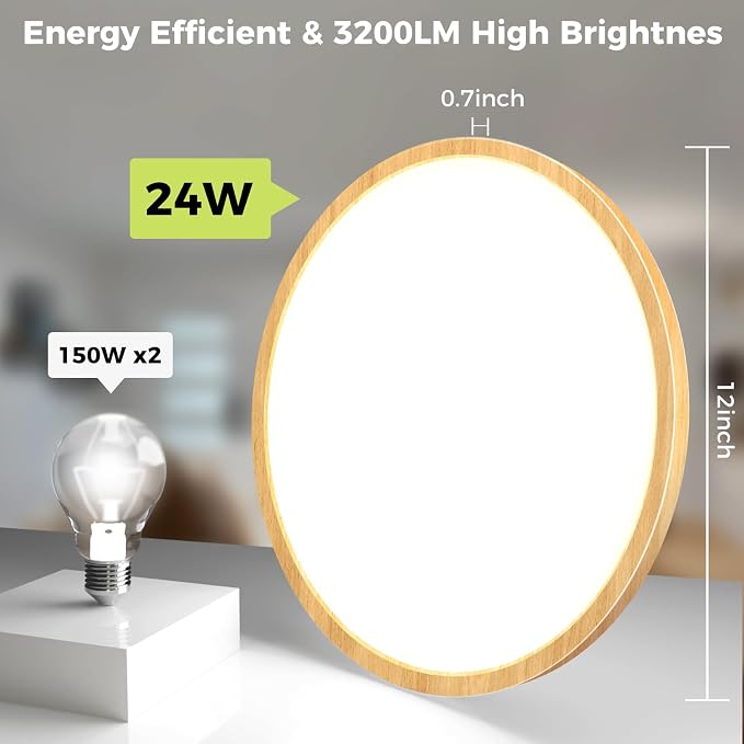 hepside 2Pack LED Flush Mount Ceiling Light Fixture, 12Inch 24W, Dimmable&3000K/3500K/4000K/5000K/6500K Adjustable Low Profile Ceiling Lights, Round Flat Ceiling Light for Closet,Kitchen,Hallway-Wood