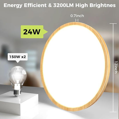 hepside 2Pack LED Flush Mount Ceiling Light Fixture, 12Inch 24W, Dimmable&3000K/3500K/4000K/5000K/6500K Adjustable Low Profile Ceiling Lights, Round Flat Ceiling Light for Closet,Kitchen,Hallway-Wood
