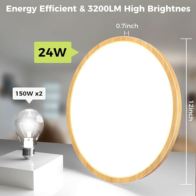 hepside 2Pack LED Flush Mount Ceiling Light Fixture, 12Inch 24W, Dimmable&3000K/3500K/4000K/5000K/6500K Adjustable Low Profile Ceiling Lights, Round Flat Ceiling Light for Closet,Kitchen,Hallway-Wood