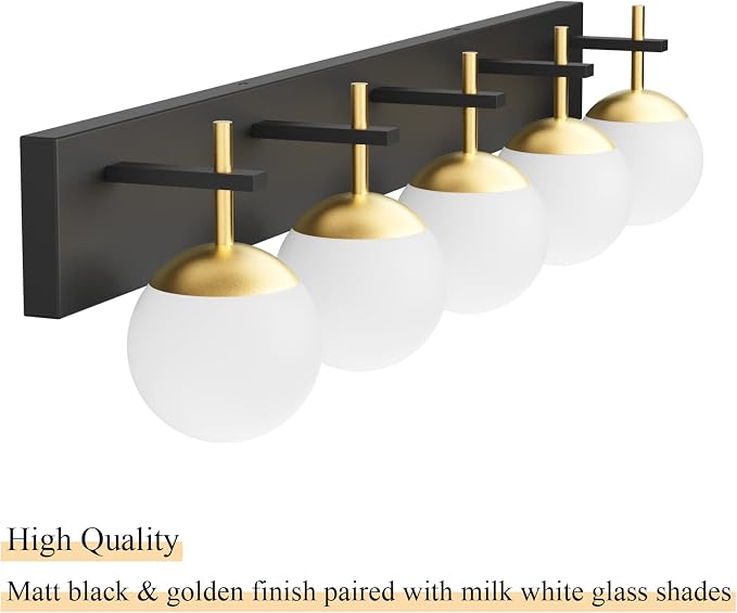 Ralbay Mid Century Modern Vanity Lights - 5-Light Milky Glass Globe Modern Bathroom Vanity Lights Over Long Mirror, Black/Golden Bathroom Wall Light Fixture