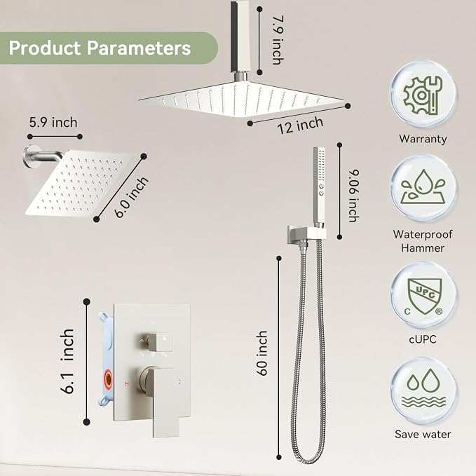 Shower Faucet Sets 12'' Ceiling Mount Shower Systems,Bostingner Five Function Diverter Dual Head Shower Set,6’‘ Wall Mount Rainfall Shower System with 2 in 1 Handheld Spray Brushed Nickel