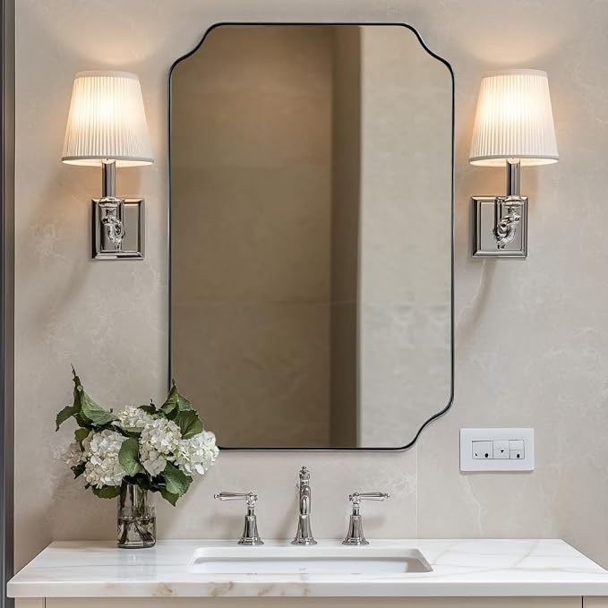 Chrome Bathroom Mirror, 24x36 Inch Polished Chrome Rectangle Mirror, Scalloped Bathroom Mirror with Stainless Steel Metal Frame, Thin Frame Deep 1’’