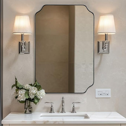 Chrome Bathroom Mirror, 24x36 Inch Polished Chrome Rectangle Mirror, Scalloped Bathroom Mirror with Stainless Steel Metal Frame, Thin Frame Deep 1’’