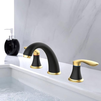 Bathroom Sink Faucet, Faucet for Bathroom Sink, Widespread Black and Gold Bathroom Faucet 3 Hole with Stainless Steel Pop Up Drain and cUPC Lead-Free Hose - (Black and Gold)