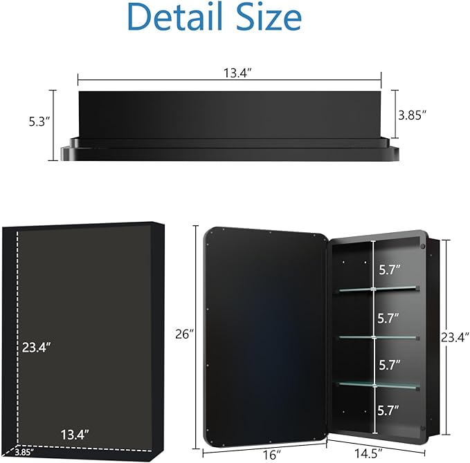 16x26 Inch Bathroom Medicine Cabinet with Mirror, Recessed or Surface Wall-Mounted, Black Mirror Cabinets with 3 Removable Shelves, for Bedroom Kitchen Laundry Room