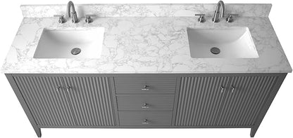HOMEBEYOND 72" Bathroom Vanity with Double Sink, Solid Wood Bathroom Vanity Free-Standing Cabinet, Ceramic Top & Soft Closing Door, Golden Brushed Handware, Cashmere Gray