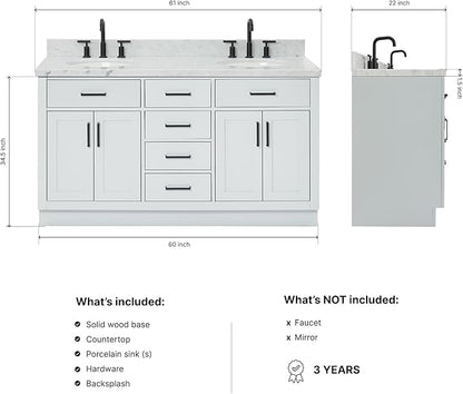ARIEL Hepburn 60-inch Bathroom Vanity with Sink,Solid Wood, 1.5-inch Italian Carrara Marble Countertop & Backsplash, Double Oval Porcelain Sink, 4 Soft Closing Doors, 6 Dovetail Drawers, Grey