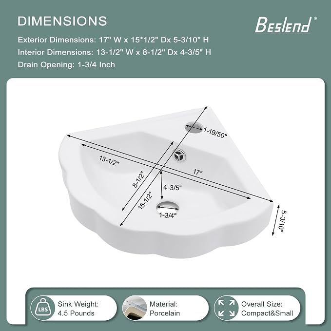 Corner Wall Mount Bathroom Sink | Beslend 17"x15" Inch White Ceramic Vessel Sink, Flower Shaped Bowl White Art Basin with Single Hole Small Space-Saving Sinks