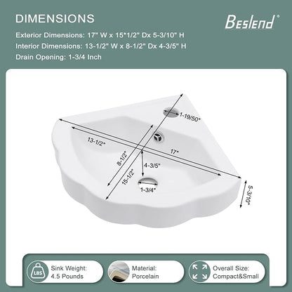 Corner Wall Mount Bathroom Sink | Beslend 17"x15" Inch White Ceramic Vessel Sink, Flower Shaped Bowl White Art Basin with Single Hole Small Space-Saving Sinks
