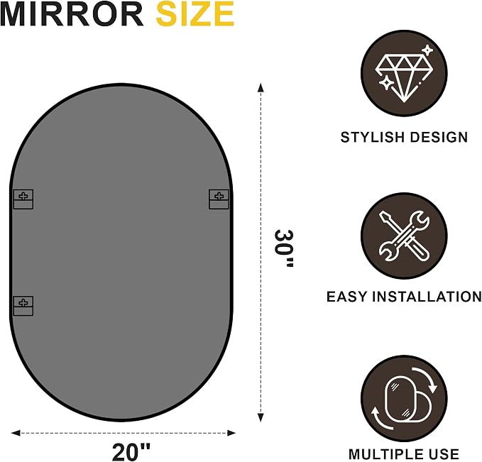 Black Oval Bathroom Mirror for Wall, 20"x30" Bathroom Vanity Mirror | HD Shatterproof Glass, Metal Framed, Oval Vanity Mirrors for Bathroom, Bedroom, Living Room, Entryway, Horizontal or Vertical