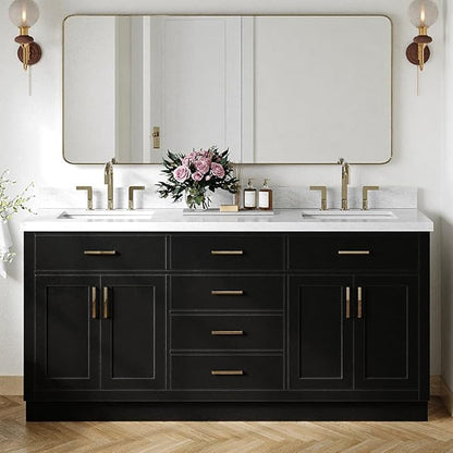 ARIEL Hepburn 72-inch Bathroom Vanity with Sink,Solid Wood, 1.5-inch Italian Carrara Marble Countertop, Double Rectangular Porcelain Sink, 4 Soft Closing Doors, 6 Dovetail Drawers, Black
