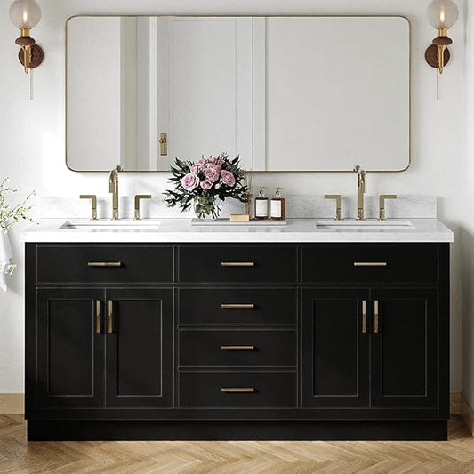 ARIEL Hepburn 72-inch Bathroom Vanity with Sink,Solid Wood, 1.5-inch Italian Carrara Marble Countertop, Double Rectangular Porcelain Sink, 4 Soft Closing Doors, 6 Dovetail Drawers, Black