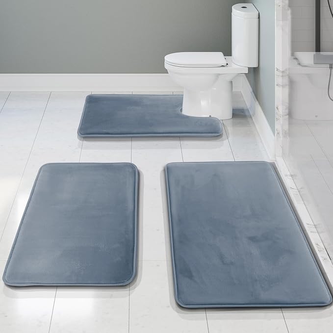 Clara Clark 3 Piece Bathroom Rugs, Velvet Memory Foam Bath Mat Set, Non-Slip Bath Rugs, Machine Wash, Dries Quickly, Ultra Soft Plush Bath Mats for Bathroom, 17 x 24/20 x 32 / Contour, Stone Blue