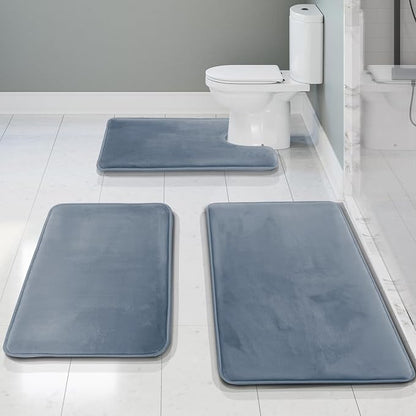 Clara Clark 3 Piece Bathroom Rugs, Velvet Memory Foam Bath Mat Set, Non-Slip Bath Rugs, Machine Wash, Dries Quickly, Ultra Soft Plush Bath Mats for Bathroom, 17 x 24/20 x 32 / Contour, Stone Blue