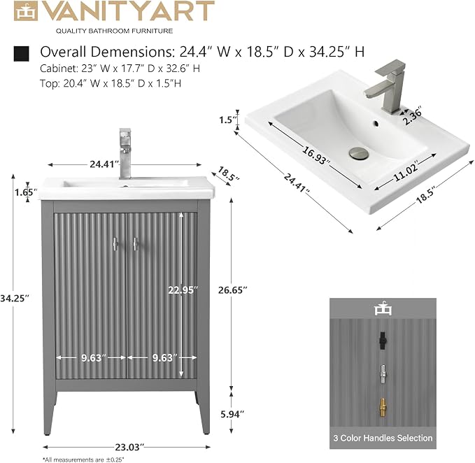 Vanity Art 24 inch Bathroom Vanity with Single Sink & Ceramic Top, Vanity Cabinet with Soft-Closing Door, Solid Wood Frame, Linear Pattern, Cashmere Gray, VA9124-G-MB,Matte Black Handles
