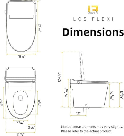 Non Electric Bidet Toilet, Los Flexi 17.3" ADA & Elongated Tankless One-Piece Toilet, 1000g Map & 1.0 GPF, Powerful Air Pressure Assisted System, Feminine and Rear Wash, Foot Kick Flush, 12" Rough-In