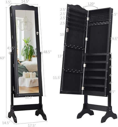 Giantex Jewelry Cabinet Armoire Lockable with Mirror, Standing Full Length Mirror with Jewelry Cabinet, 3 Adjustable Angles, Jewelry Organizer Storage Box Birthday Christmas Gifts (Black)