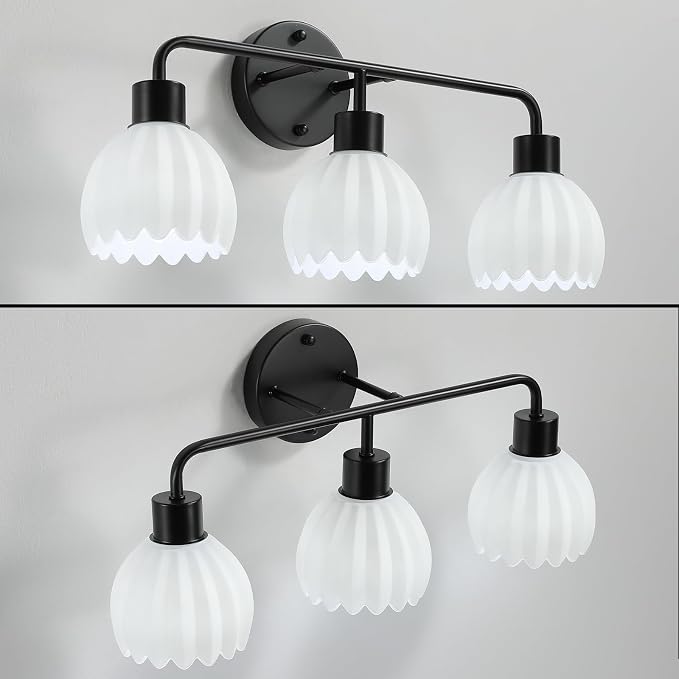 Black 2-Light Vanlity Light Over Mirror,Wall Sconces,Modern Bathroom Light Fixture with Milk White Glass Flower Shade,E26 Socket(Bulbs Not Included)