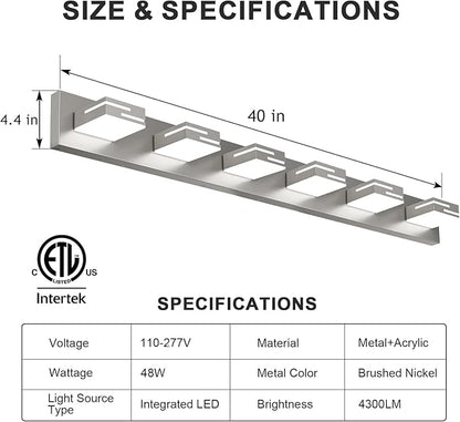 LED Modern Bathroom Vanity Light Fixtures, 6-Light 40-inch Dimmable Brushed Nickel Vanity Lights for Bathroom Lighting Fixtures Over Mirror, with 350° Rotatable Acrylic Heads (Cool White 6000K)