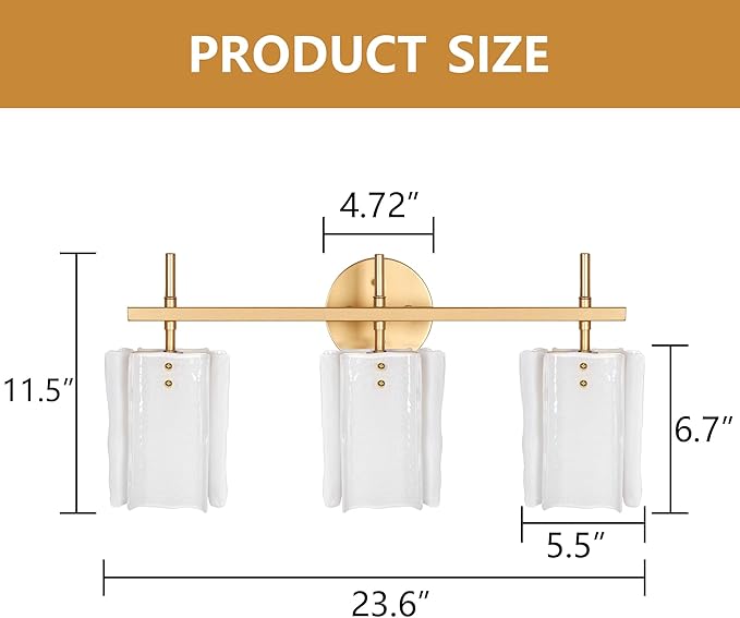 3-Light Milk Glass Bathroom Vanity Light, Gold Bathroom Light Fixture Over Mirror, Modern Vintage Vanity Lights for Bathroom, Mirror Cabinets, Powder Room, Living Room, 23.6" L