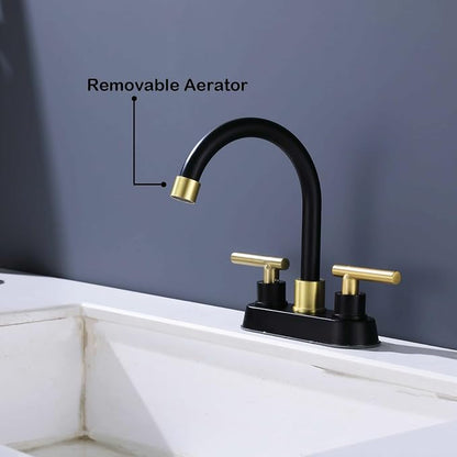 Bathroom Faucet Black and Gold, 2 Handle 4 Inch Centerset Bathroom Sink Faucet with Pop Up Drain, Modern RV Vanity Sink 2 or 3 Hole Mount
