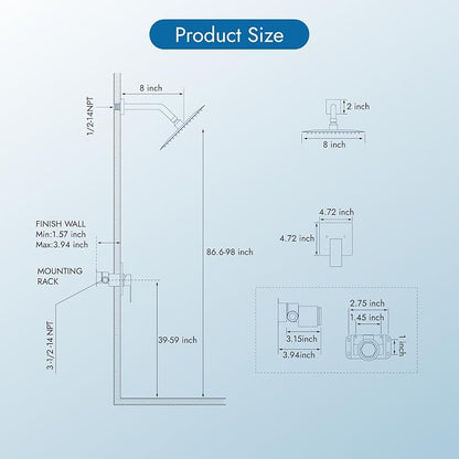 Brushed Nickel Shower Faucet Set, 8 Inch Rain Shower System with Valve | Complete Rain Shower Set with Valve, Single Handle Wall Mount Design