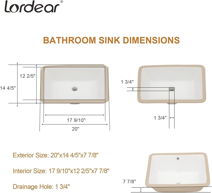 Lordear Undermount Bathroom Sink 20x15 Inch Bathroom Vanity Sink Undermount Rectangle White Porcelain Ceramic Bathroom Under Counter Lavatory Vanity Sink Basin with Overflow