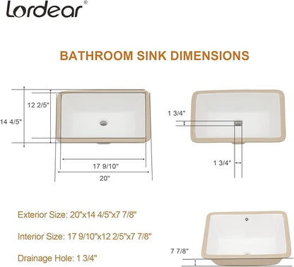 Lordear Undermount Bathroom Sink 20x15 Inch Bathroom Vanity Sink Undermount Rectangle White Porcelain Ceramic Bathroom Under Counter Lavatory Vanity Sink Basin with Overflow