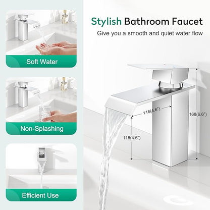 CREA Chrome Waterfall Bathroom Faucet 1 Hole,Chrome Bathroom Faucet Single Handle Bathroom Sink Faucet with Pop Up Drain Stopper/ 3 Hole Plate,Stainless Steel RV Vanity Faucet Basin Mixer Tap