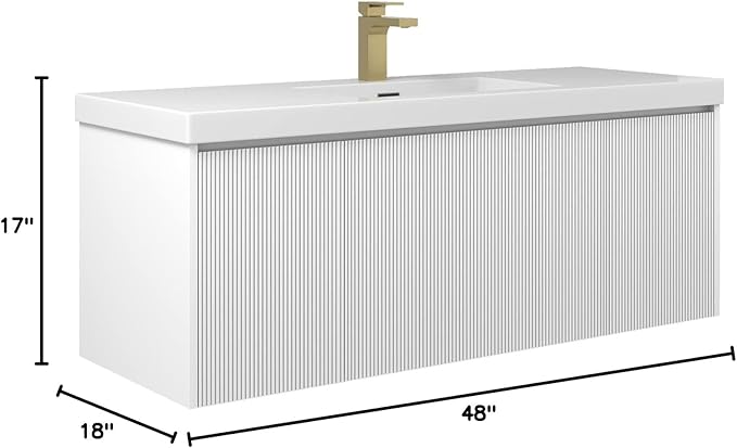 Blossom 48 Inch Floating Bathroom Vanity with Sink | Luxury Solid Plywood Wall Mounted Cabinet | Moisture-Resistant Modern Design | Seamless Acrylic Sink | Soft-Close Drawers | Matte White