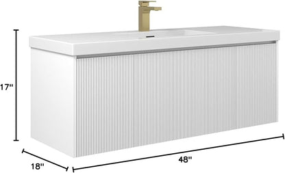 Blossom 48 Inch Floating Bathroom Vanity with Sink | Luxury Solid Plywood Wall Mounted Cabinet | Moisture-Resistant Modern Design | Seamless Acrylic Sink | Soft-Close Drawers | Matte White